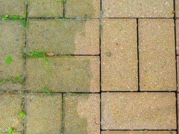 Brick pavers half pressure washed: the right side clean and reddish tan, the left side green with grime and weeds
